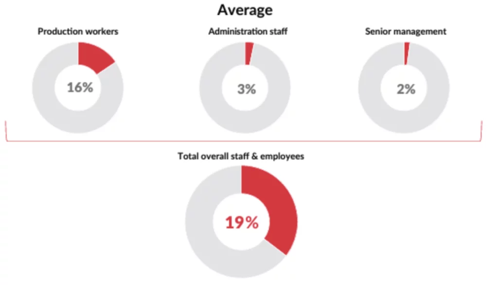 Production workers: 16%, Administrative staff: 3%, Senior managers: 2%, Total staff and employees: 19%